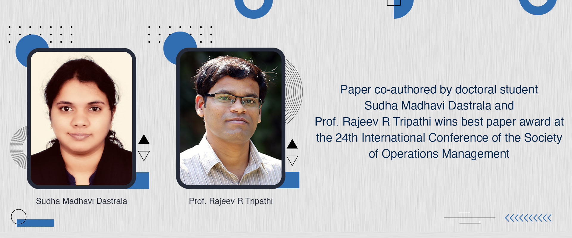 Paper co-authored by doctoral student Sudha Madhavi Dastrala and Prof. Rajeev R Tripathi wins best paper award at the 24th International Conference of the Society of Operations Management