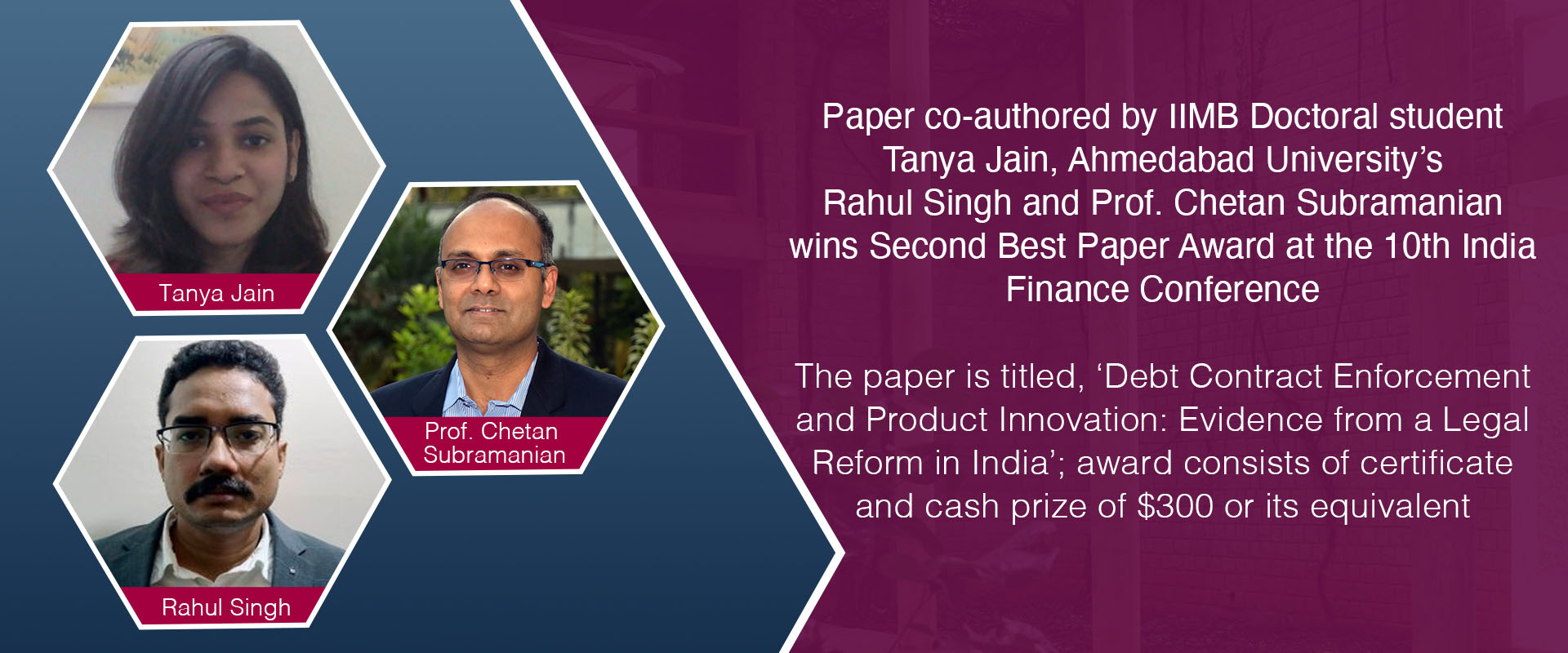 Tanya Jain, Ahmedabad University’s Rahul Singh and Prof. Chetan Subramanian wins Second Best Paper Award at the 10th India Finance Conference