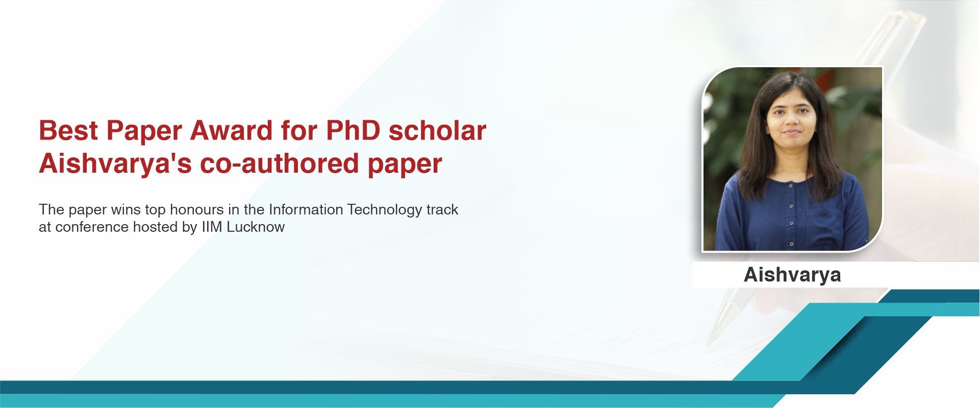 Best Paper Award for PhD scholar Aishvarya’s co-authored paper