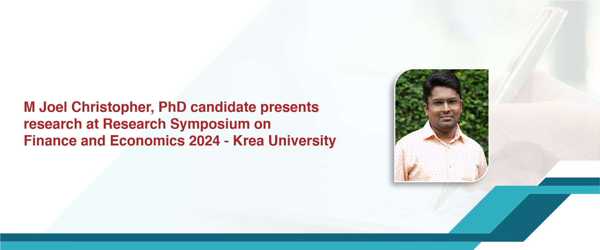 M Joel Christopher, PhD candidate presents research at Research Symposium on Finance and Economics 2024 - Krea University