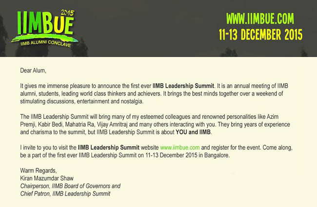 IIMB Chairman Kiran Mazumdar-Shaw launches the IIMB Alumni Leadership Summit website. The mega event will be held during Dec 11-13, 2015.