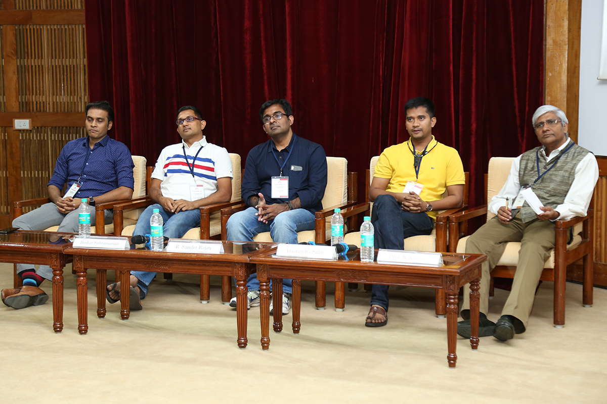 (L-R) Rohit M A, Founder, Cloudnine, Baskar Subramanian, Founder, Amagi, R. Sunder Rajan, Founder, JustBooks, and Prof. K Kumar, Dean, Alumni Relations and Development at IIMB, at the panel discussion on ‘Start-up to Scale up: Challenges for Entrepreneurs’. 