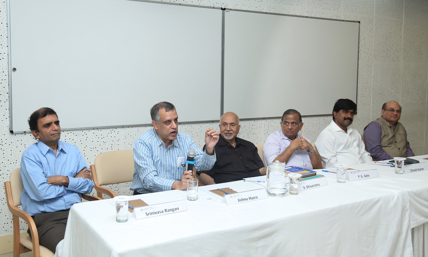 Prof. Jishnu Hazra, Chair, Research & Publications (2016-Present), IIMB, moderates the panel discussion on  ‘Evolving Emphasis of Research and Publishing at IIMB’, organized as part of Research Week at IIMB, on December 30, 2019. (L-R) Prof. Srinivasa Rangan, Chair, Research & Publications and CDOCTA (2013-2016); Prof. Jishnu Hazra; Prof. S. Shivaramu, Co-ordinator, Research (1981-1982); Prof. P.G. Apte, former director and chair, Research & Publications (1999-2000); Prof. Dinesh Kumar, Chair, Research & Publications and CDOCTA (2009-2013); and Prof. Rishikesha T. Krishnan, Chair, Research & Publications and CDOCTA (2004-2009).